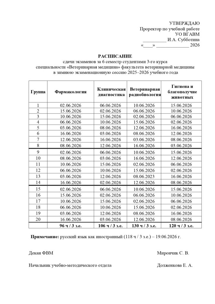 РАСПИСАНИЕ ЭКЗАМЕНОВ 3 курс ФВМ лето 25-26 уч год
