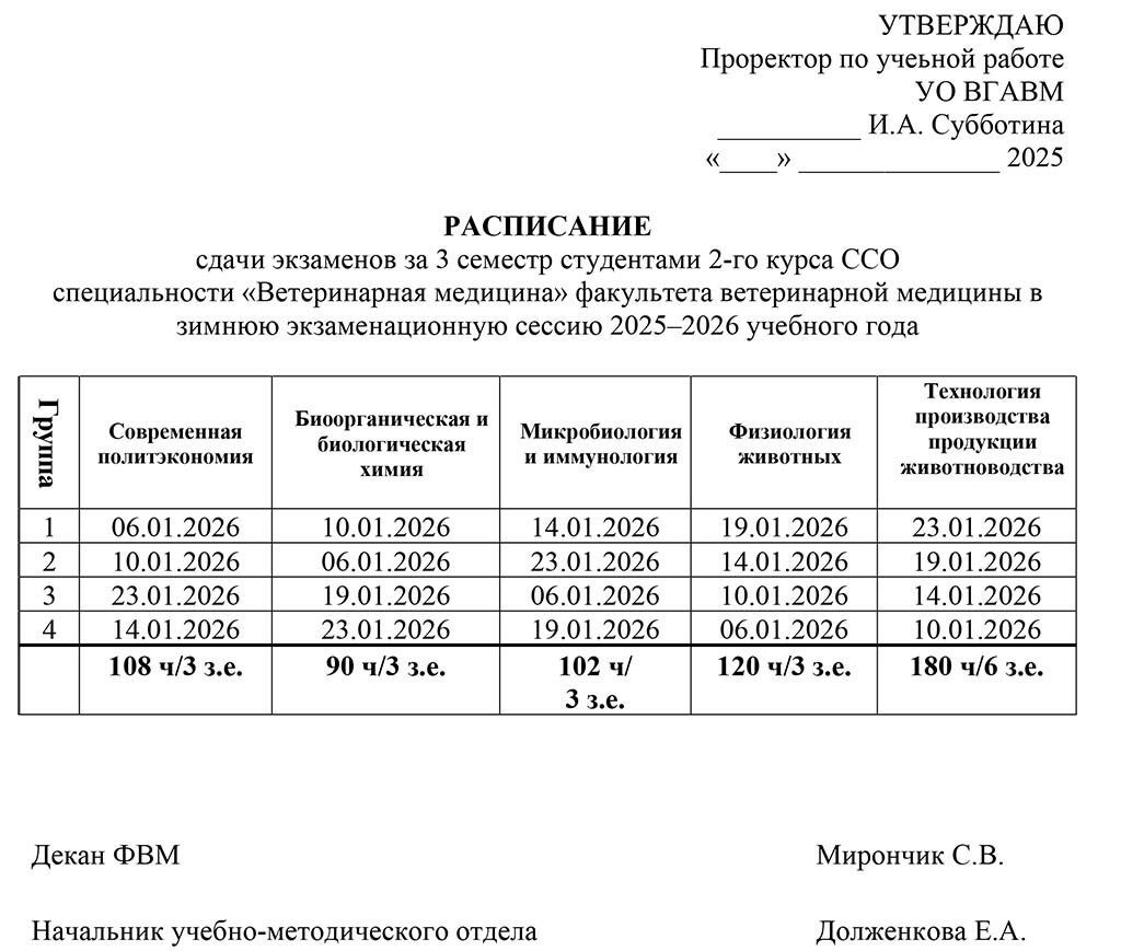 raspisanie ekzamenov 2 kurs FVM SSO zim ses 25-26 uch goda