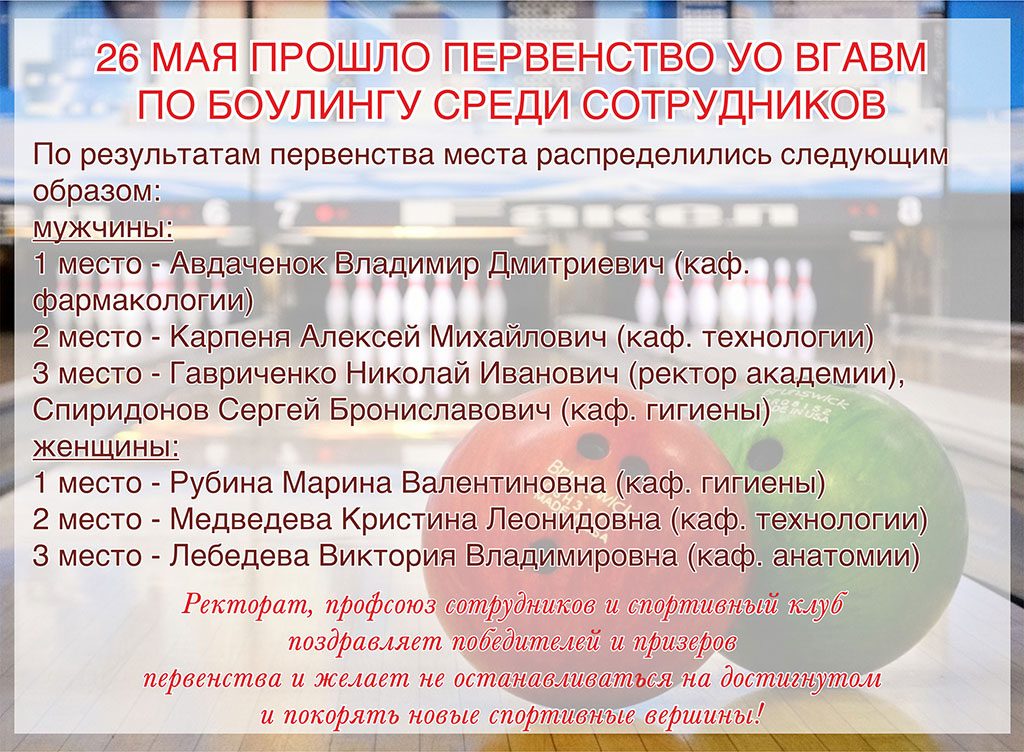 26 мая прошло первенство УО ВГАВМ по боулингу среди сотрудников