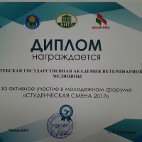 Диплом за активное участие молодежном форуме «Студенческая смена 2017»