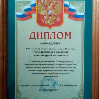 УО ВГАВМ награждено Дипломом.