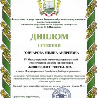Участие в IV Международном научно-исследовательском студенческом конкурсе «Бизнес-идеи и проекты – 2022» в рамках Международного и Российского Дней предпринимателя